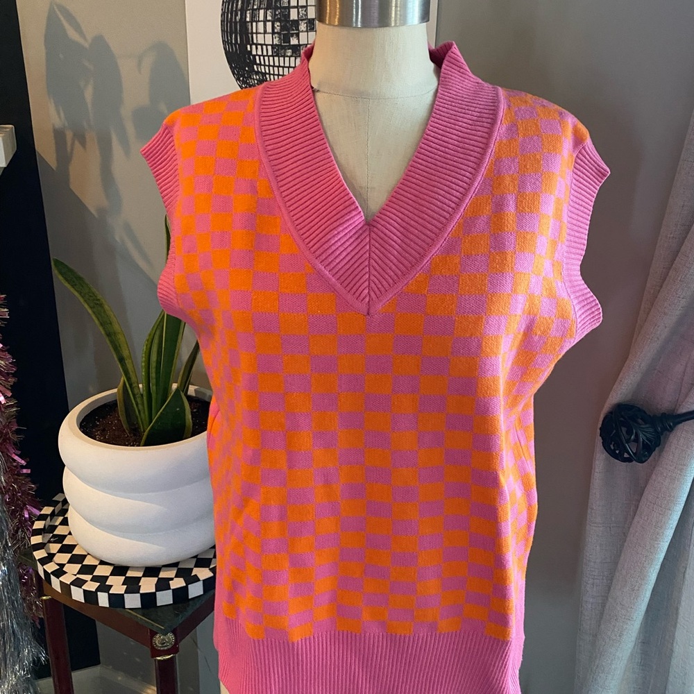 Pink and Orange Checkered Sleeveless Sweater